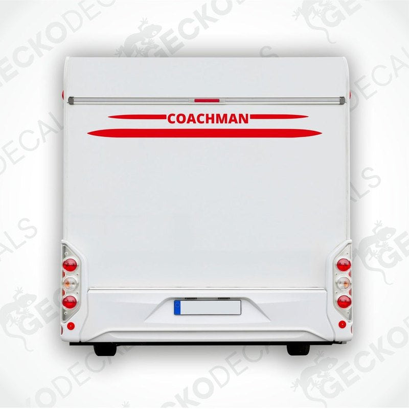 A white rear decal for a coachman's caravan with red text that reads 'COACHMAN'.