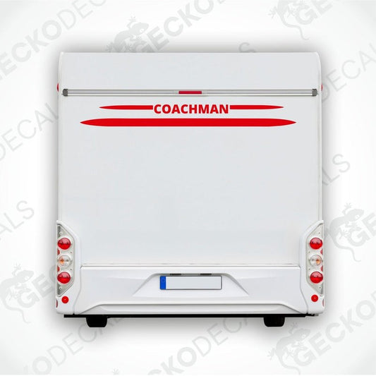 A white rear decal for a coachman's caravan with red text that reads 'COACHMAN'.