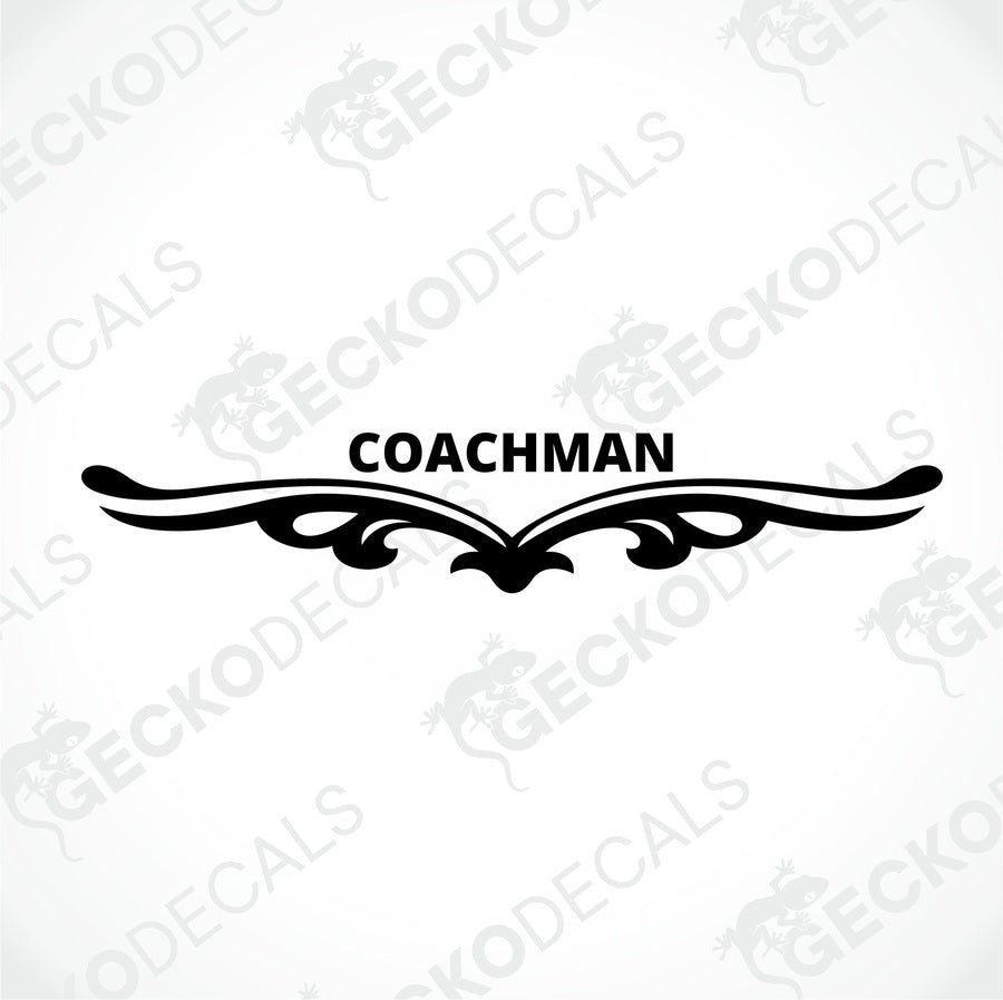 A white rear decal for a Coachman caravan featuring a red logo and decorative elements