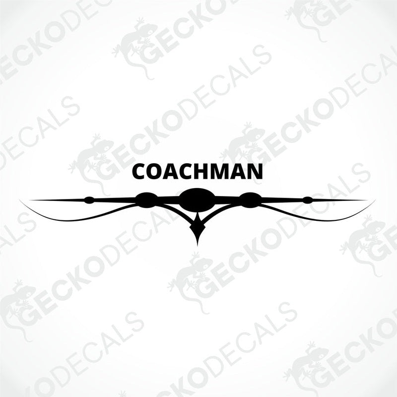 A white Coachman brand decal for a caravan with red and black detailing.