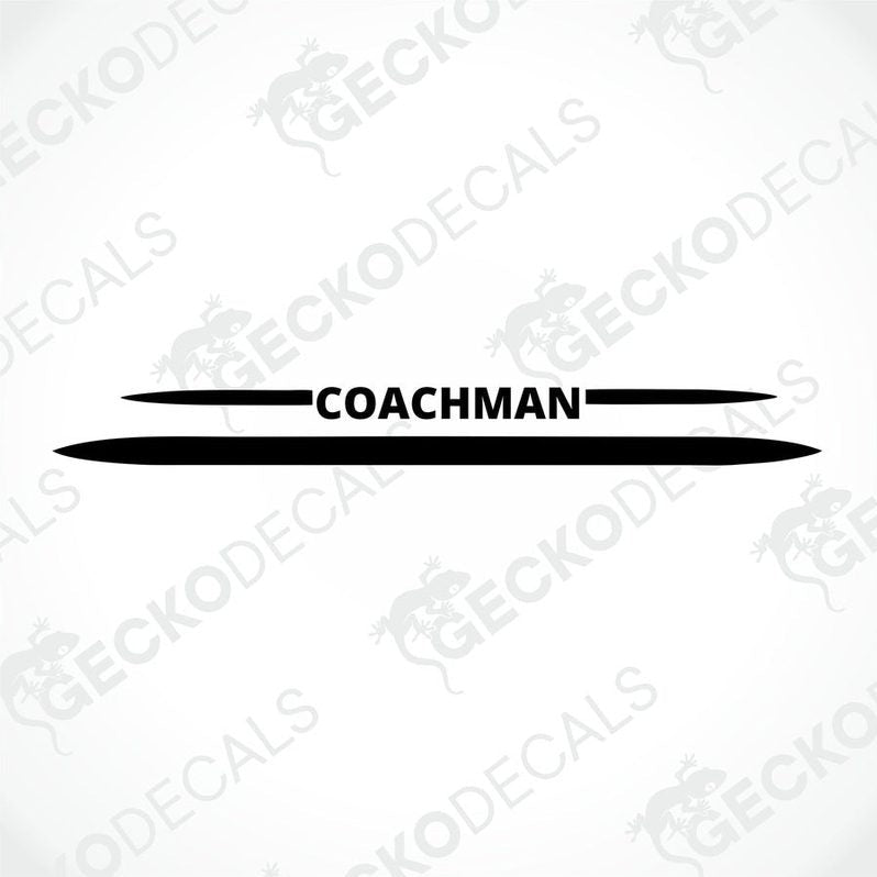 A white Coachman brand decal for a caravan with red and black detailing.
