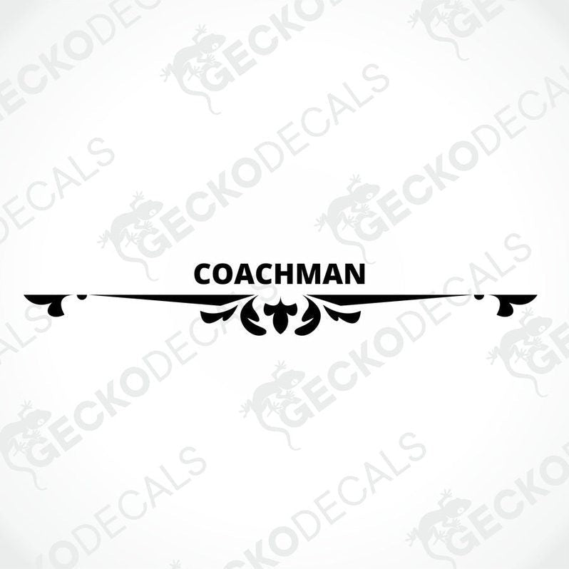 A white rear decal for a coachman's caravan with red text that reads 'COACHMAN'.