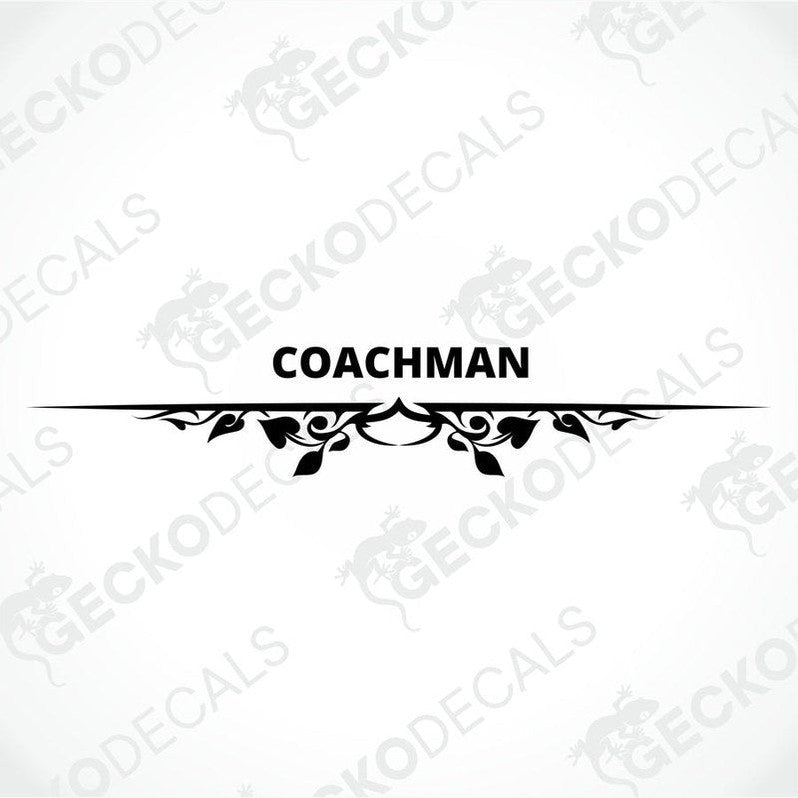 A white rear decal for a Coachman caravan featuring red text and decorative elements.