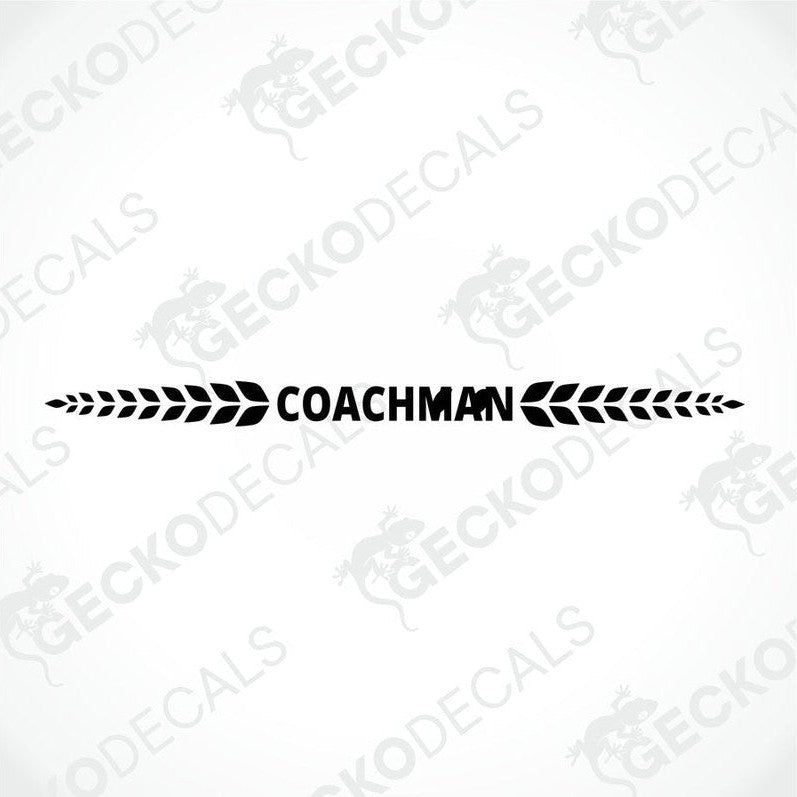 A white rear decal for a coachman's caravan with red text that reads 'COACHMAN'.