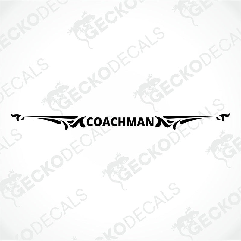 White rear decal of a caravan with 'COACHMAN' branding in red and black.