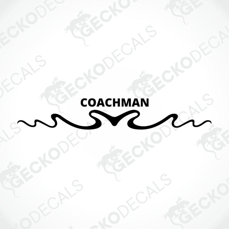 A white rear decal for a Coachman caravan featuring a red logo and decorative elements