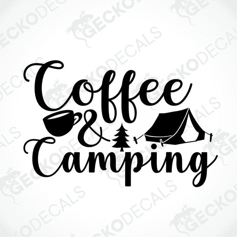 Black Coffee Camping die-cut decal with cursive text and tent icon on transfer paper