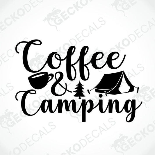 Black Coffee Camping die-cut decal with cursive text and tent icon on transfer paper