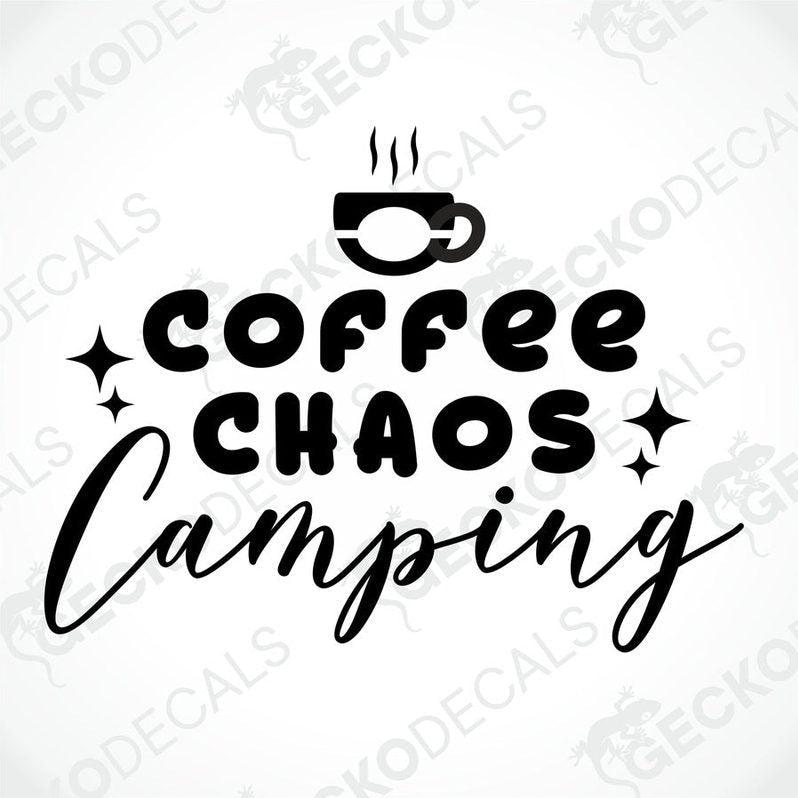 Black die-cut coffee chaos camping decal with steaming cup and starburst graphics