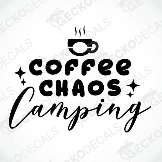 Black die-cut coffee chaos camping decal with steaming cup and starburst graphics