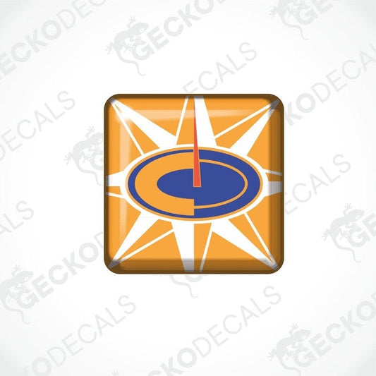 A printed and laminated sticker with a compass design, suitable for exterior and interior use.