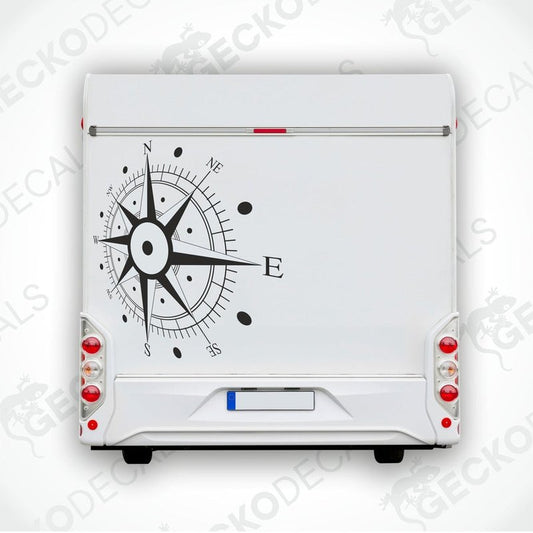 A white vehicle decal featuring a black compass design with gecko decals logo at the bottom.