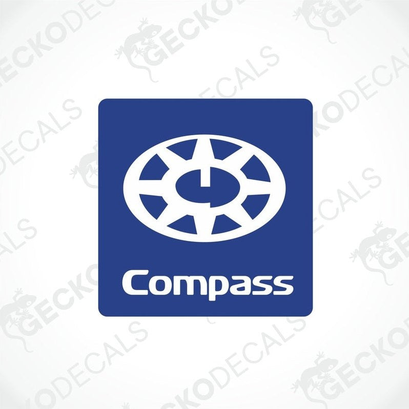 A blue circular decal with the word 'COMPASS' in the center, surrounded by a white border with the text 'geckodecals' and a small icon on the left side.
