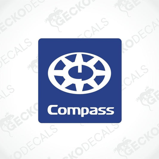A blue circular decal with the word 'COMPASS' in the center, surrounded by a white border with the text 'geckodecals' and a small icon on the left side.
