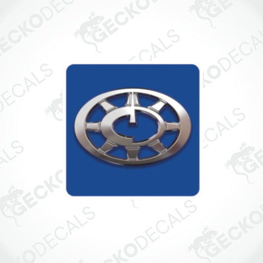 A blue decal with a silver compass design.