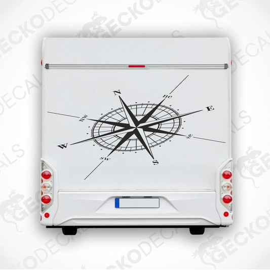 Compass rose caravan sticker applied to RV rear door