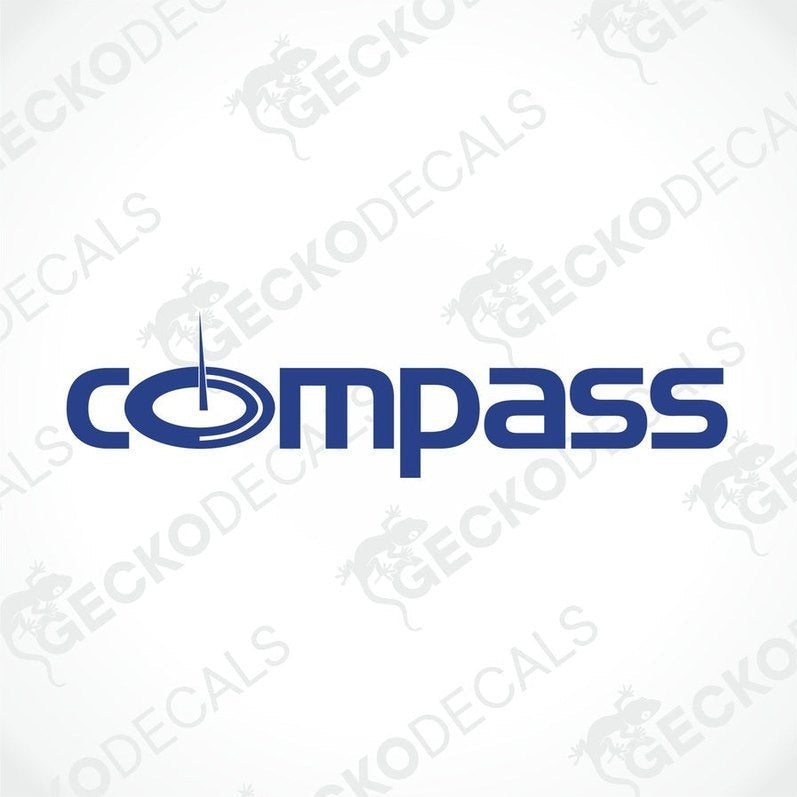 A blue and white compass-shaped decal with the word 'COMPASS' inside the compass design.