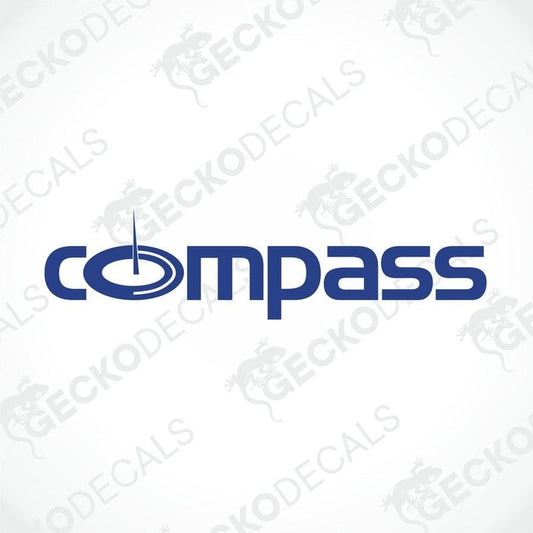 A blue and white compass-shaped decal with the word 'COMPASS' inside the compass design.