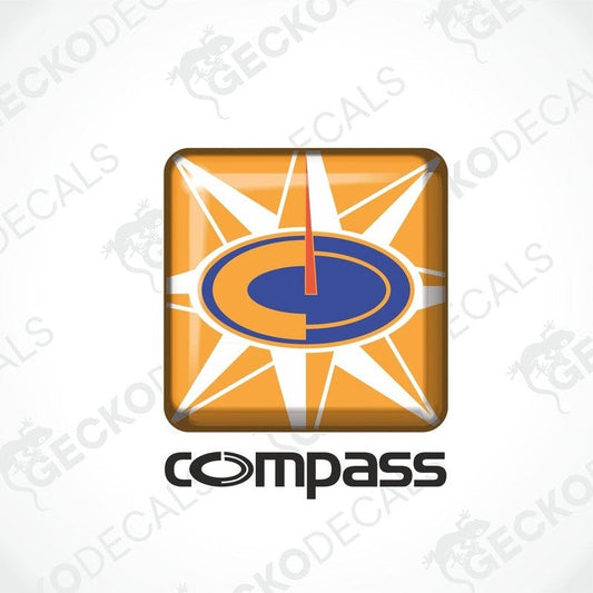 A printed and laminated sticker with a compass design, suitable for exterior and interior use.