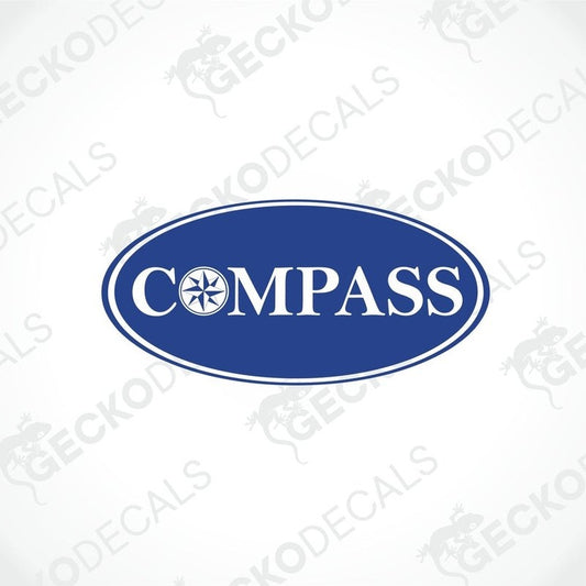 A printed and laminated sticker with the word 'COMPASS' in white letters on a blue background, oval shaped, with a white border.