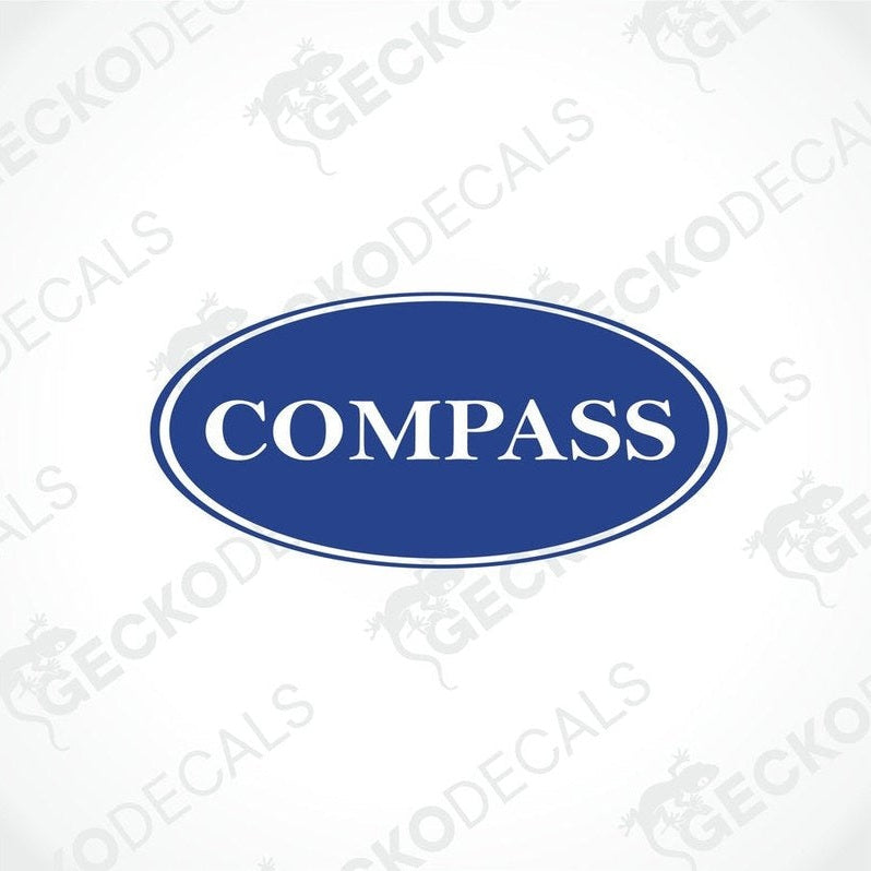 A blue and white compass brand decal for vehicles.
