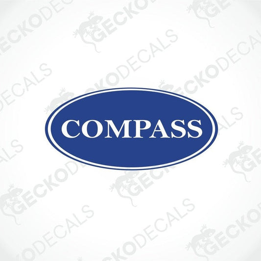 A blue and white compass brand decal for vehicles.