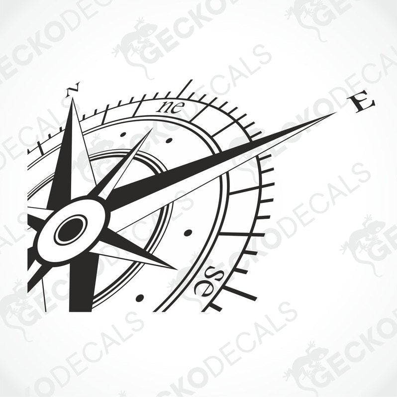 A white vehicle decal featuring a black and gray compass design.