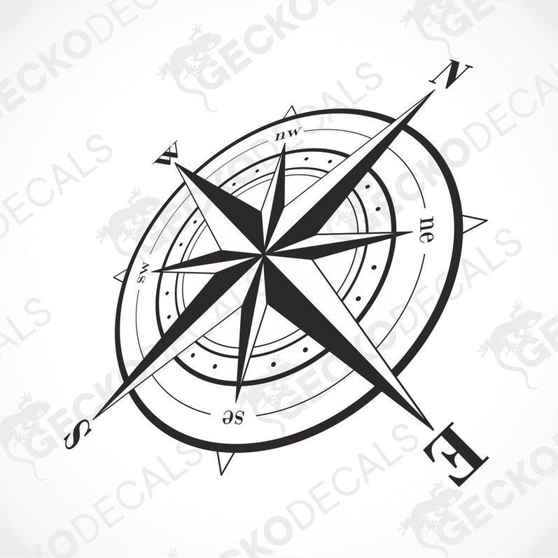 A white vehicle decal featuring a black and white compass design.