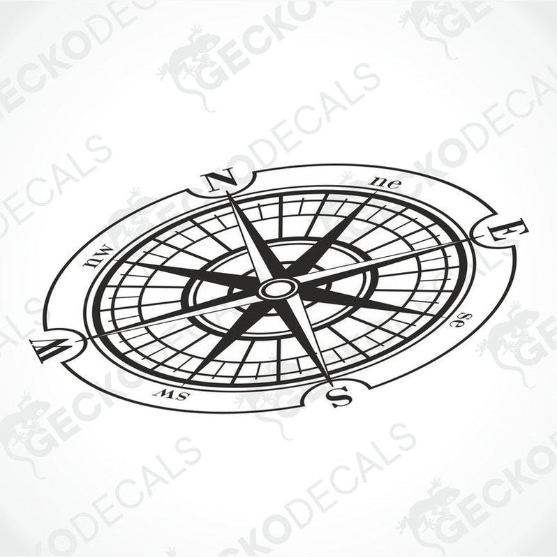 A white vehicle decal featuring a black compass design.