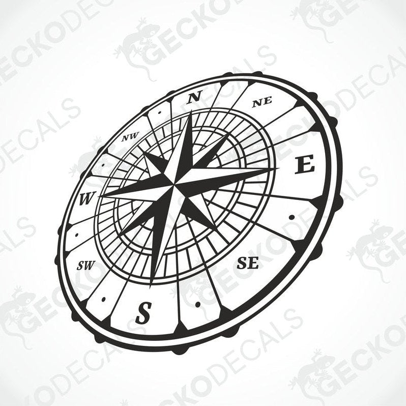 A white vehicle decal featuring a black compass design.