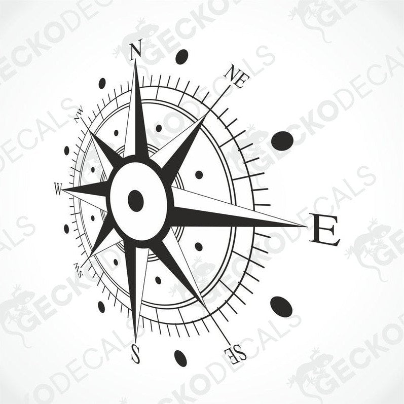 A white vehicle decal featuring a black compass design with gecko decals logo at the bottom.