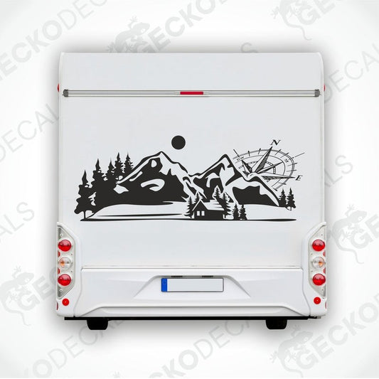 Black Compass Little House mountain decal on RV rear