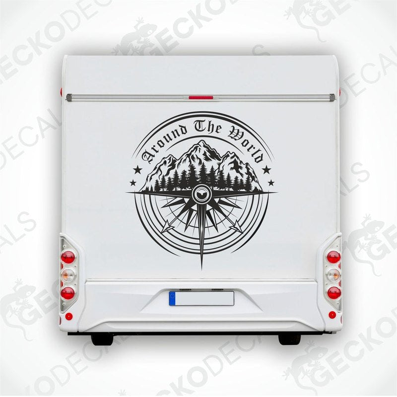 A white vehicle decal with a compass design and the text 'Around the World'.