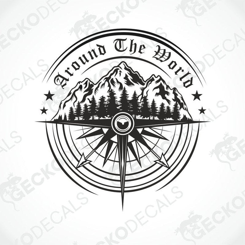 A white vehicle decal with a compass design and the text 'Around the World'.