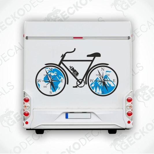 A white vehicle decal featuring a black silhouette of a bicycle with a blue compass and directional elements.