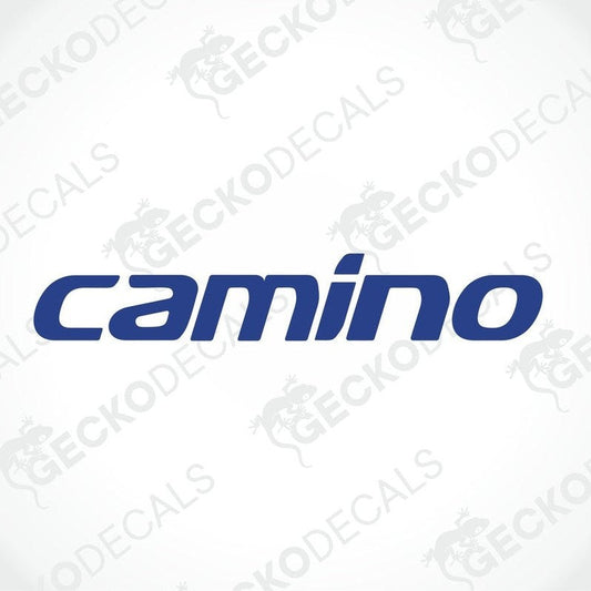 A blue and white die cut sticker with the word 'CAMINO' and a small animal (lizard) graphic associated with the brand CAMINO.