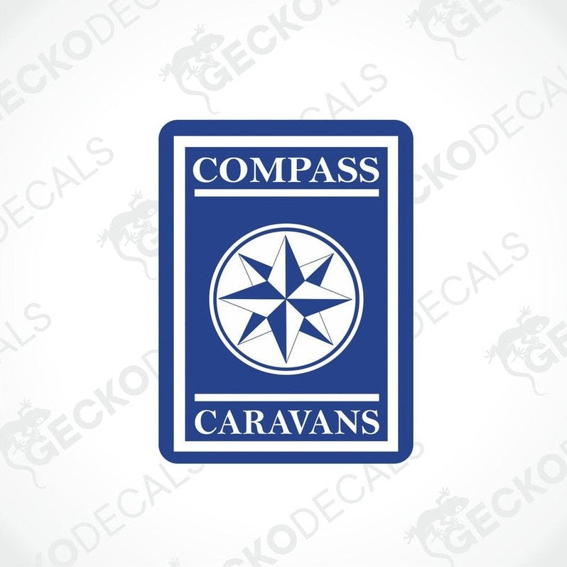 A blue and white sticker with the text 'COMPASS CARAVANS' and a compass rose symbol in the center.