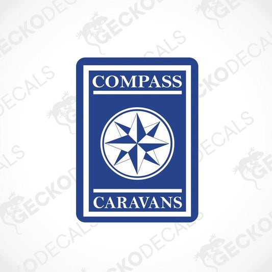 A blue and white sticker with the text 'COMPASS CARAVANS' and a compass rose symbol in the center.
