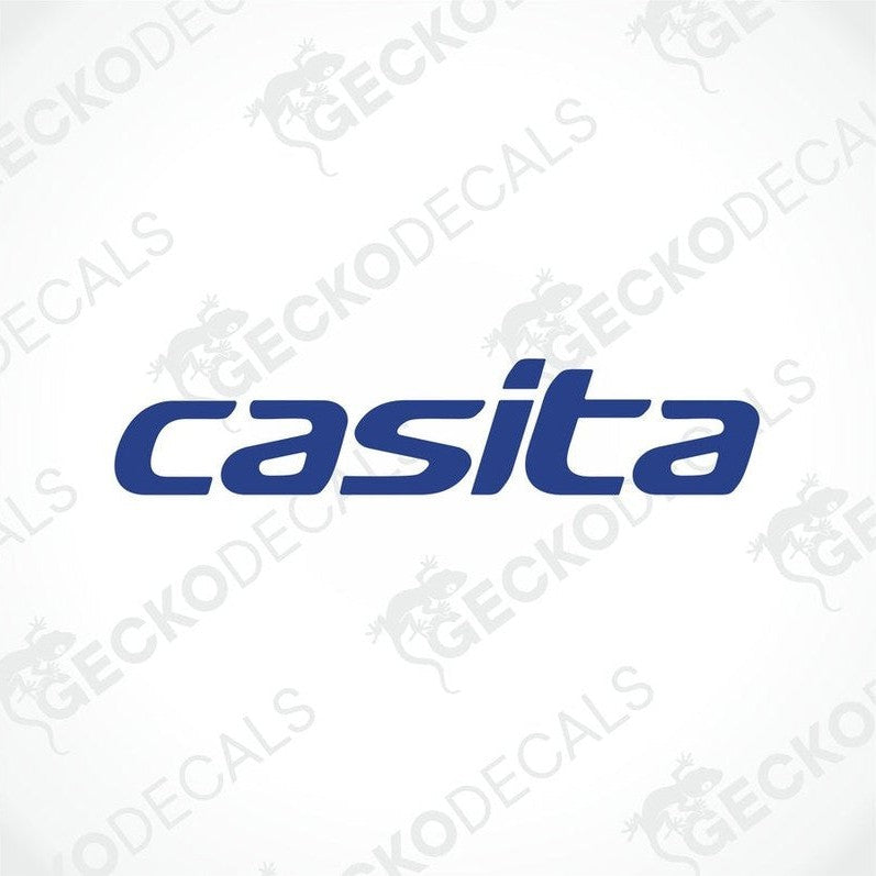 A blue and white die cut sticker with the word 'CASITA' printed on it, delivered on transfer paper.