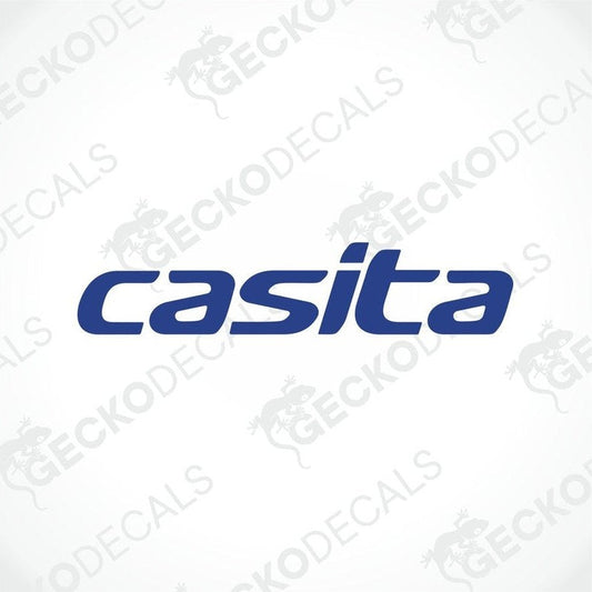 A blue and white die cut sticker with the word 'CASITA' printed on it, delivered on transfer paper.