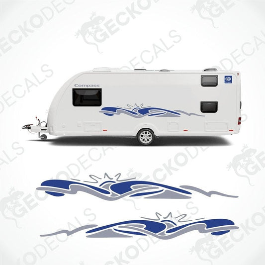 Blue and gray wave Compass caravan side decals with sunburst design applied to white exterior