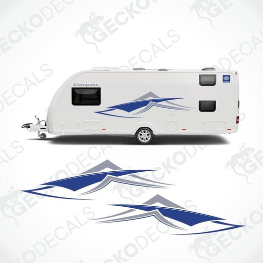 Blue grey mountain caravan side decals applied to white exterior