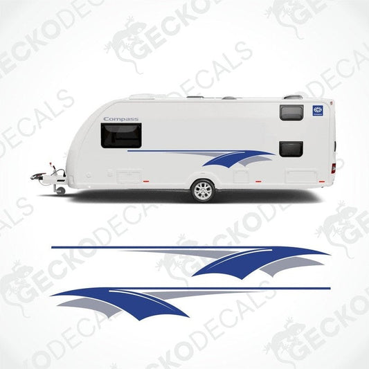 Blue and grey Compass caravan side decals applied to white exterior