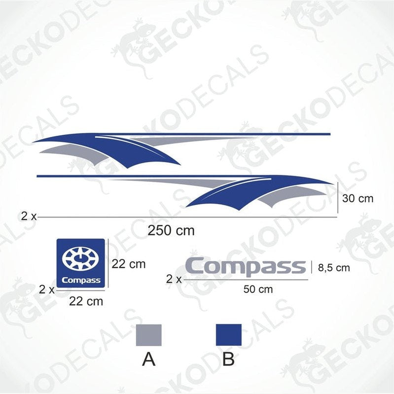 COMPASS DECORATION SET layout with blue grey wing decals logos and text