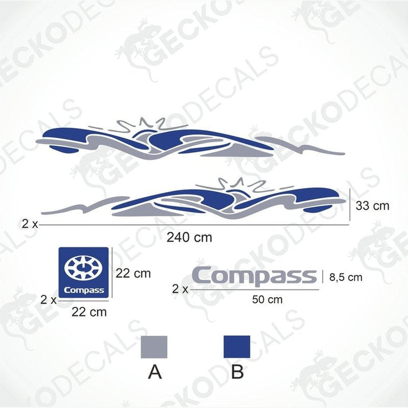COMPASS DECORATION SET diagram showing 240cm side decals, logo, and text sticker dimensions
