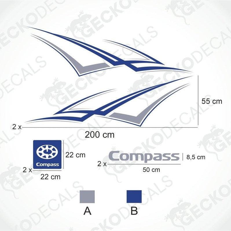 Design of a boat decal with dimensions and color options on a white background.
