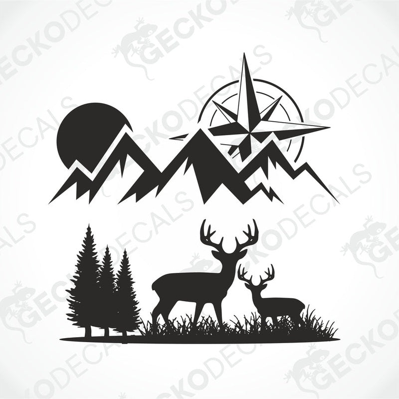A black and white decal of a compass with mountains and deer on the front of a white vehicle.