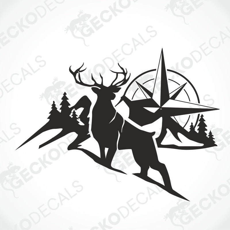 A black and white decal of a compass with mountain and forest background, and a deer in the foreground.