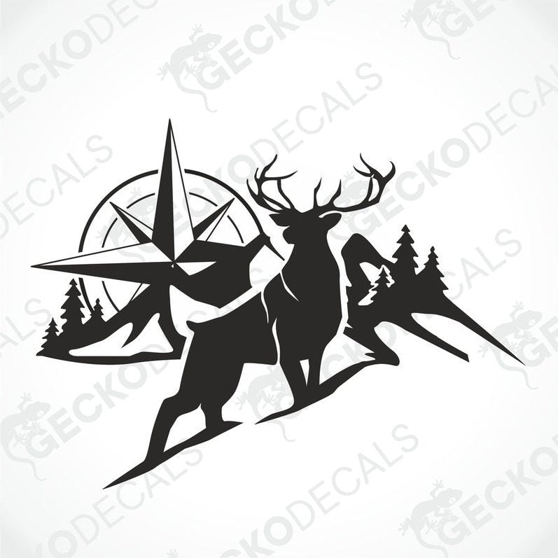 A black and white decal of a compass with mountain and forest background, and a deer in the foreground.