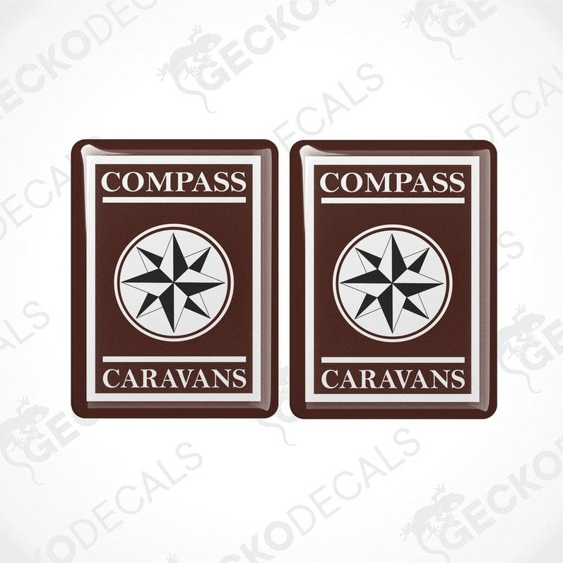 Set of two brown Compass Caravan vinyl decals with glossy domed finish